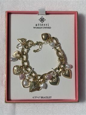 Atterri Gold Heart Charm Bracelet with Pink & White Accents